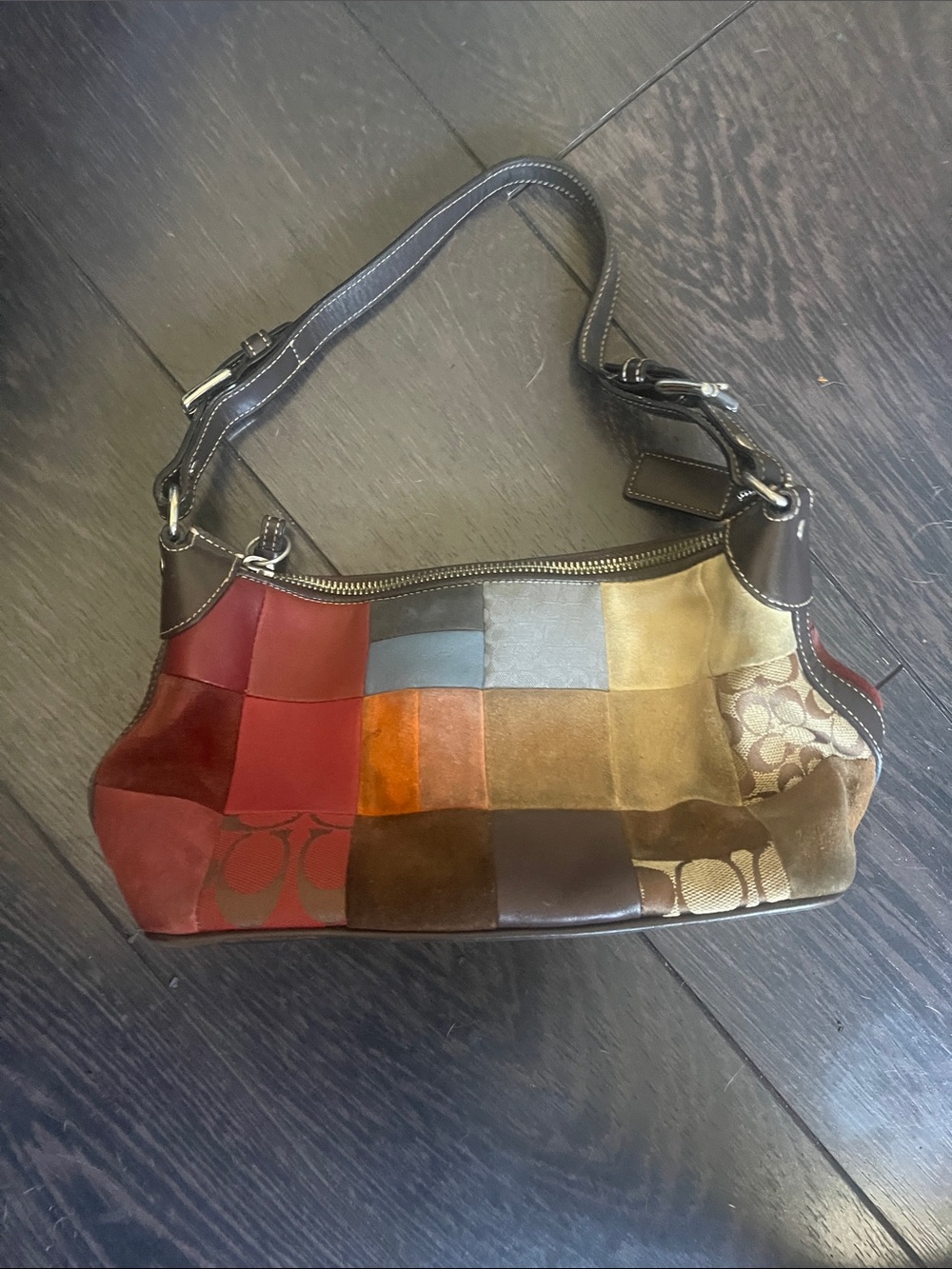 Coach Patchwork Leather and Suede Shoulder Bag in Red, Orange, Blue, Brown